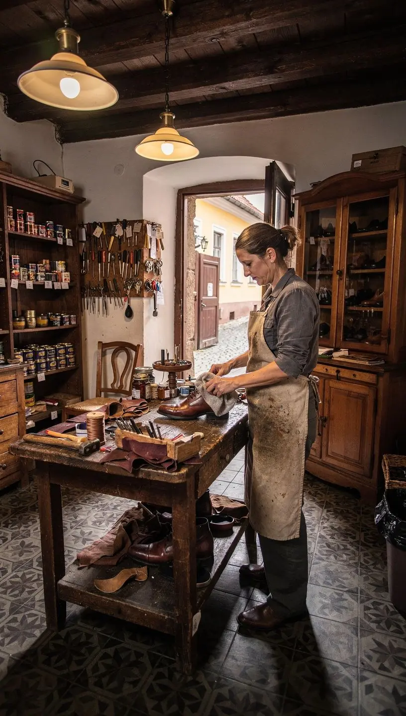 Vintage footwear restoration process in a shoe repair atelier.